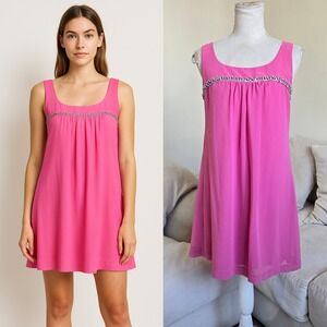 Johnny Martin S Pink Babydoll Sleeveless Mini Dress Beaded Trim Retro‎ 60s Style